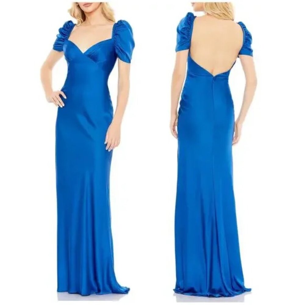 NWT Mac Duggal 68332 Sapphire Blue Puff Sleeve Low Back Charmeuse Gown Size 8